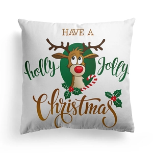 Detail of white Christmas cushion cover featuring a cute cartoon reindeer and festive text