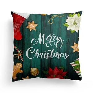 Christmas cushion cover with Merry Christmas text on dark green wood texture background