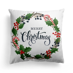 Close-up of Merry Christmas candy cane wreath print on white square pillowcase cover