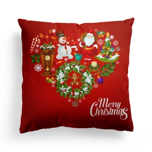 Red Christmas pillow cover with heart-shaped holiday elements and Merry Christmas text