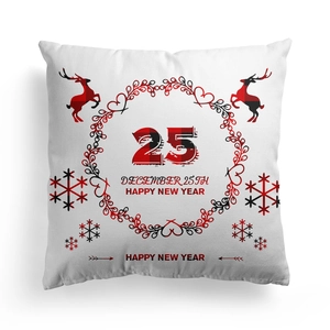Close-up of white Christmas pillowcase with red plaid reindeer and holiday greetings
