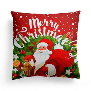Detail of red Merry Christmas pillow cover with Santa Claus and snowflake patterns