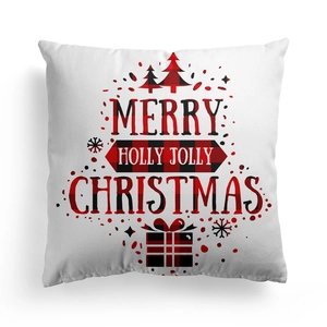 Detail of square Merry Christmas pillow cover with red plaid text on cotton linen fabric