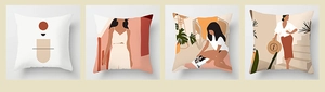 Detail of four Nordic Morandi style cushion covers with abstract floral and female art