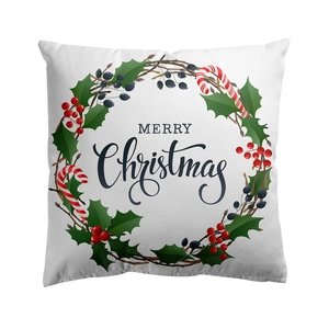Square white Christmas pillowcase with a festive wreath and Merry Christmas text