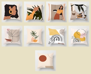 Nine square cushion covers with Nordic abstract female art and floral patterns