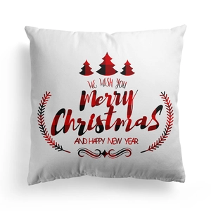 Close-up of square Christmas pillowcase featuring red plaid trees and holiday greeting