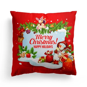 Detail of red Christmas pillowcase with snowman pattern and Merry Christmas text