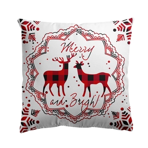 Christmas pillow cover with Merry and Bright text and red buffalo plaid reindeer design