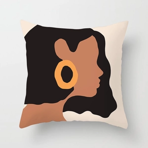 Minimalist Boho pillow cover featuring abstract female portrait art on beige fabric