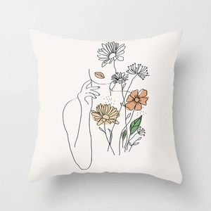 Nordic Morandi floral lady art pillow cover with minimalist black line drawing on white
