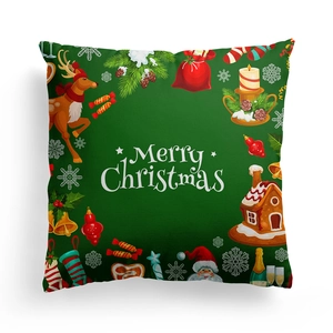 Dark green festive Merry Christmas throw pillow cover with reindeer and holiday icons