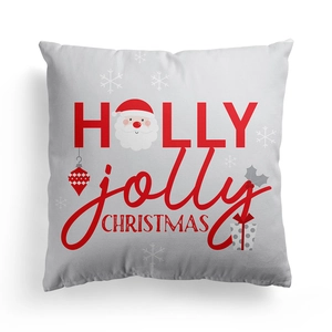 Dettaglio della federa bianca con scritta HOLLY jolly CHRISTMAS e motivi natalizi festivi