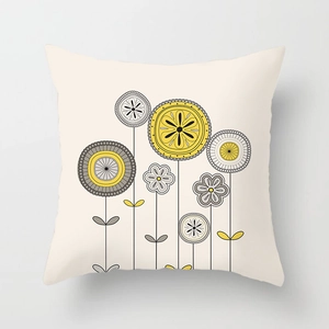 Square beige pillow cover with yellow and gray floral patterns in Nordic style