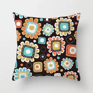 Modern square throw pillow cover featuring vintage geometric floral patterns in orange and cyan
