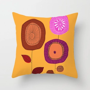Detail view of square floral pillowcase with yellow background and retro flower pattern