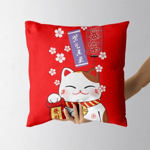 Festive red square pillowcase featuring a cute cartoon fortune cat and lucky symbols