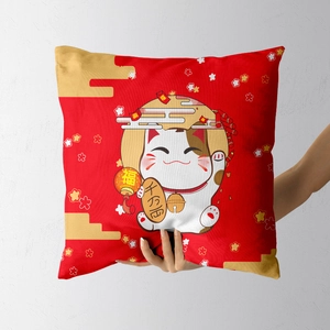 Chinese New Year festive red square pillowcase with cute lucky cat and fortune patterns