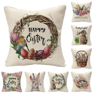 Cotton Linen Easter Bunny Cushion Cover Happy Easter Eggs Pattern Decorative Pillowcase For Sofa Home Decor Holiday Gift