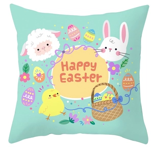Détail de la housse de coussin de Pâques avec lapin, agneau et texte Happy Easter