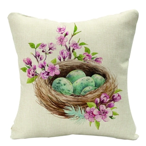 Easter linen pillowcase with watercolor bird nest, eggs and cherry blossom floral design