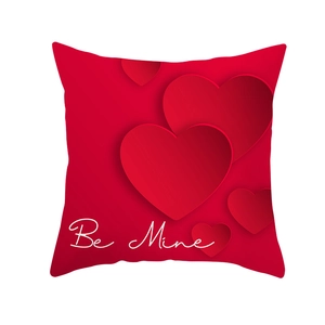 Detailansicht eines roten Kissenbezugs mit Herzmustern und Be Mine Text zum Valentinstag