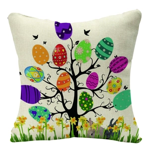 Close-up of linen Easter pillow cover showing colorful egg tree and rabbit texture