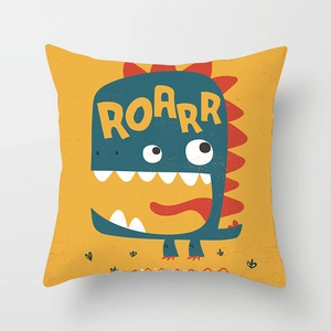 Detailtextur der quadratischen Canvas-Kissenhülle mit gelbem Dino-Motiv und ROARR-Schriftzug