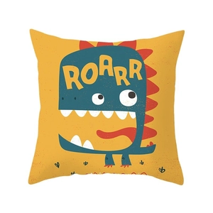 Gelber Kissenbezug mit blauem Cartoon-Dinosaurier-Motiv und ROARR-Schriftzug Dekor