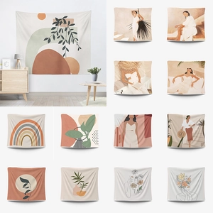 Morandi Abstract Tapestry Polyester Wall Hanging With Geometric Botanical Female Portrait Pattern Digital Printed Home Decor