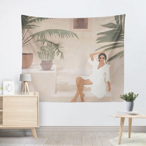 Modern Morandi tapestry featuring an abstract woman and tropical plants in a stylish home