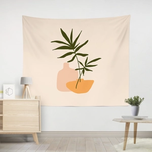 Detail of Morandi abstract wall tapestry with botanical art in a modern home interior
