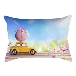 Funda de cojín de Pascua con coche vintage amarillo, huevo rosa y flores de cerezo