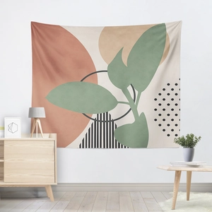 Detail view of Morandi abstract tapestry with botanical leaves and geometric elements