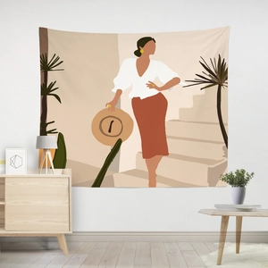 Detailed view of Morandi abstract tapestry featuring a modern female figure in a home setting
