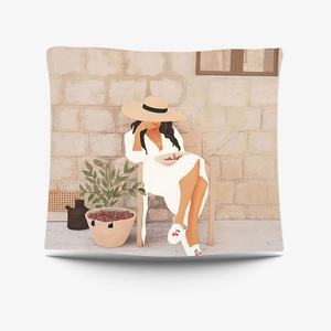 Morandi abstract digital print tapestry featuring a lady enjoying cherries in a garden