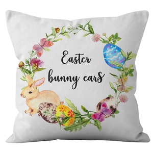 Easter watercolor floral wreath cushion cover with bunny ears and colorful eggs