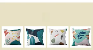 Detailed view of four abstract Morandi geometric cushion covers with botanical art patterns