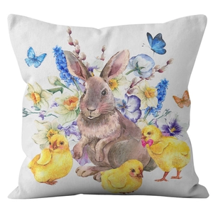 Easter square cushion cover with watercolor bunny, chicks, and spring flowers illustration