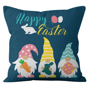 Navy blue Easter pillow cover featuring Happy Easter text, cute gnomes, and white bunny