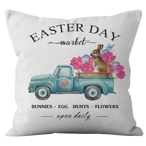 Easter watercolor white throw pillow cover with truck, tulips and rabbit pattern