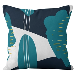 Modern Morandi geometric cushion cover with navy and yellow abstract leaf patterns