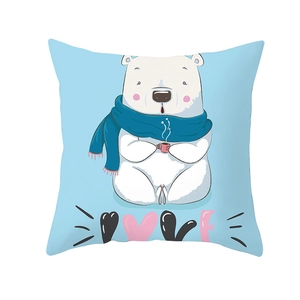 Detail of square pillowcase featuring a cartoon polar bear design and LOVE text