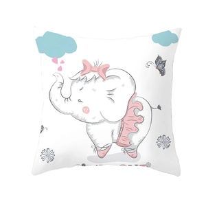 Detail showing cartoon elephant pattern with pink bow on white square cushion cover