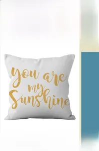 Détail de la housse de coussin blanche avec imprimé doré You Are My Sunshine