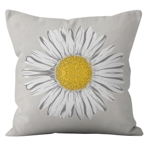 Housse de coussin carrée gris clair avec grand imprimé marguerite blanc et jaune