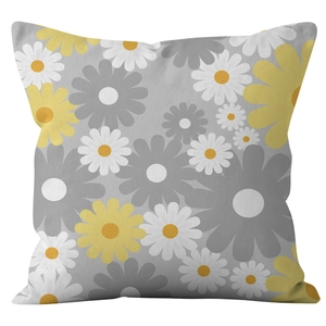 Housse de coussin carrée avec motif floral marguerite en jaune et gris élégant