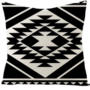 Moroccan black and white geometric cushion cover with Aztec pattern in linen style