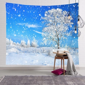 Cozy Nordic Christmas tree tapestry featuring a snowy winter forest scene on a white wall