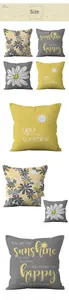 Détail de housses de coussin marguerites jaune et gris avec citations inspirantes